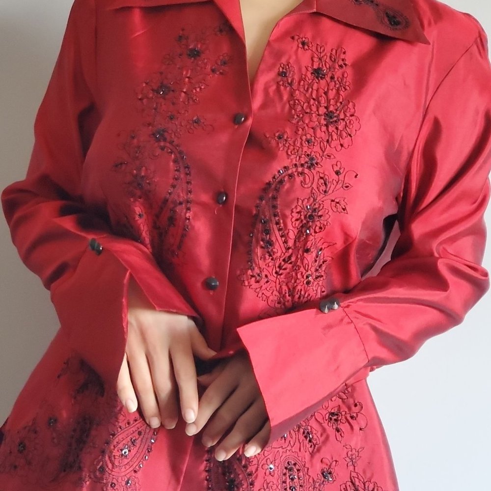 Silk Land Red Embroidered Button Up Blouse with beaded embellishments 100% silk